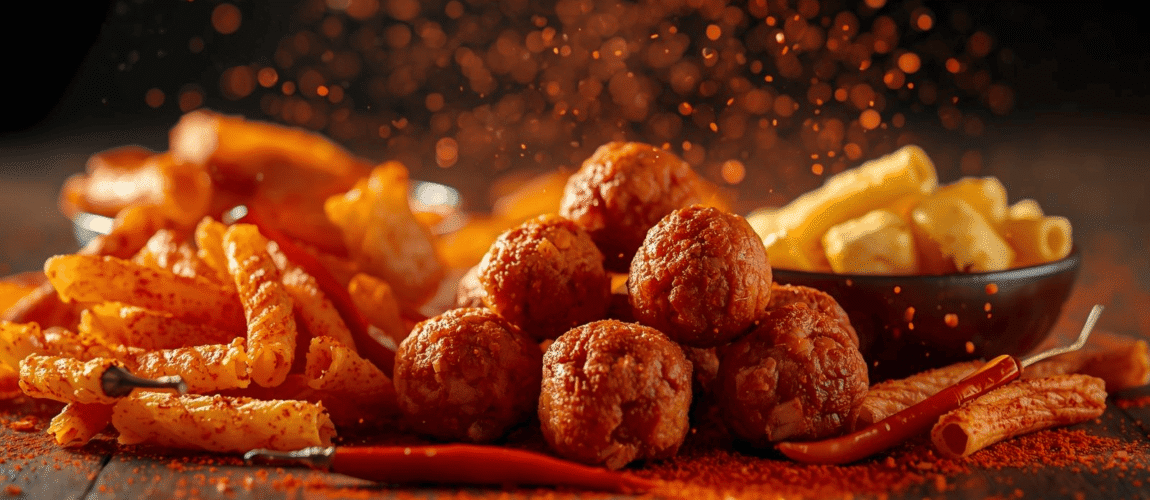 Snack pedas kekinian beragam jenis dalam tampilan close-up realistis.