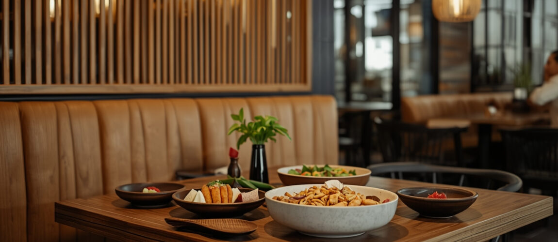 Suasana tempat makan populer di Indonesia dengan interior modern dan makanan tersaji cantik